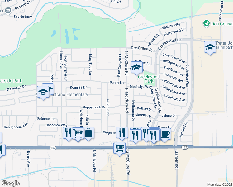 map of restaurants, bars, coffee shops, grocery stores, and more near 3413 Dutch Flat Court in Modesto