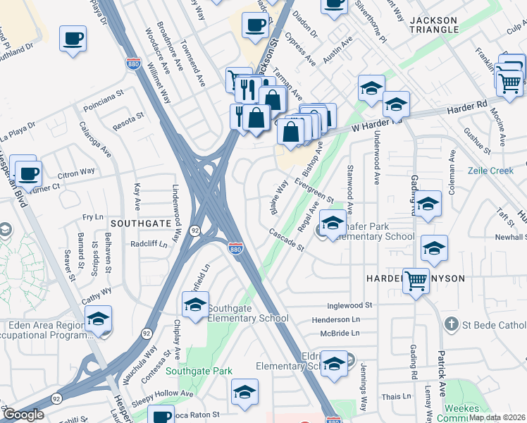 map of restaurants, bars, coffee shops, grocery stores, and more near 26054 Cascade Street in Hayward