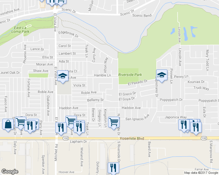 map of restaurants, bars, coffee shops, grocery stores, and more near 2517 Galway Drive in Modesto
