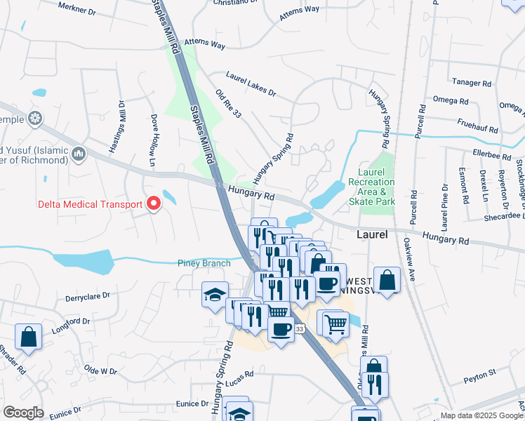 map of restaurants, bars, coffee shops, grocery stores, and more near 7901 Cottesmore Terrace in Richmond