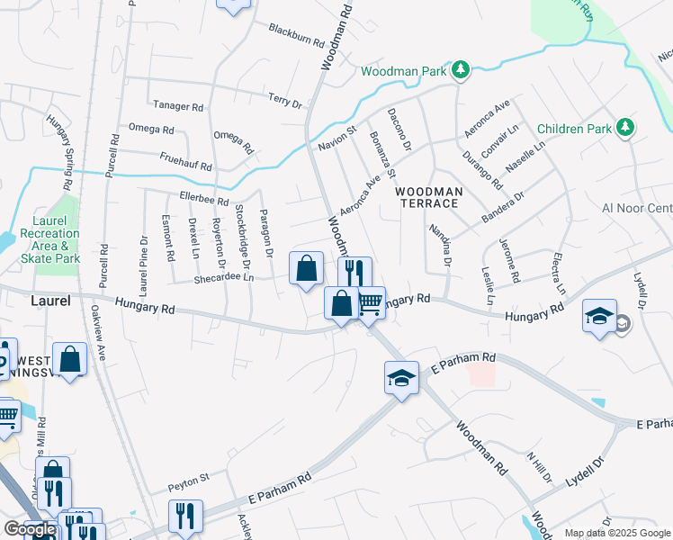 map of restaurants, bars, coffee shops, grocery stores, and more near 9600 Woodman Road in Richmond