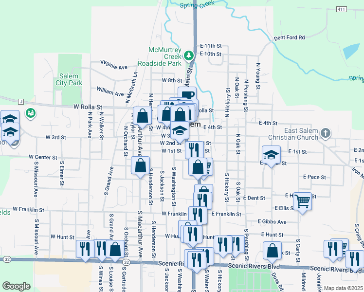 map of restaurants, bars, coffee shops, grocery stores, and more near 101 North Main Street in Salem
