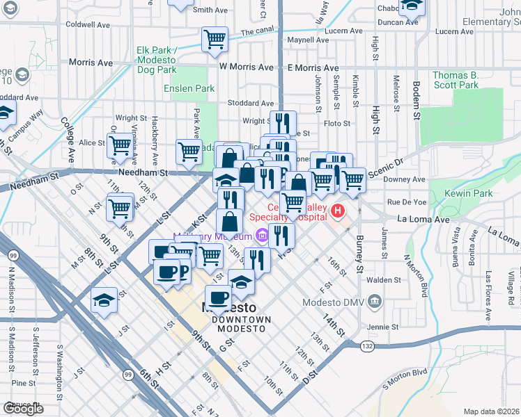 map of restaurants, bars, coffee shops, grocery stores, and more near in Modesto