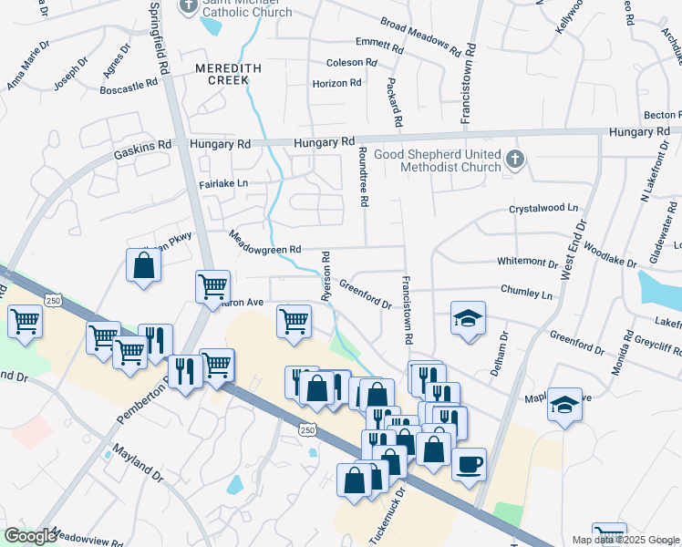 map of restaurants, bars, coffee shops, grocery stores, and more near 9318 Greenford Drive in Richmond