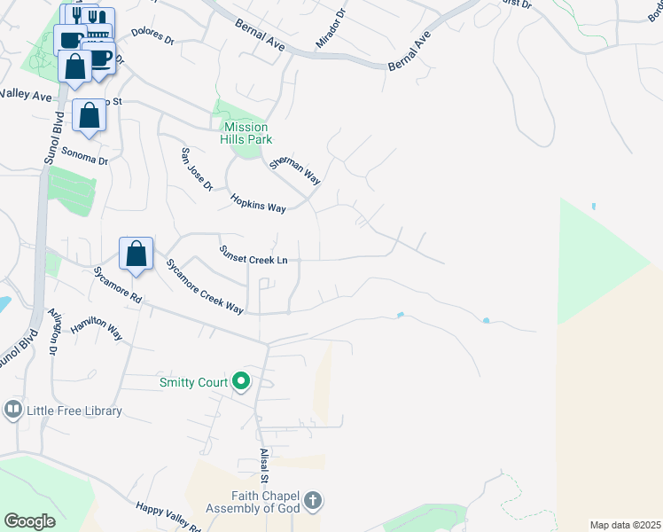 map of restaurants, bars, coffee shops, grocery stores, and more near 1193 Sunset Creek Lane in Pleasanton