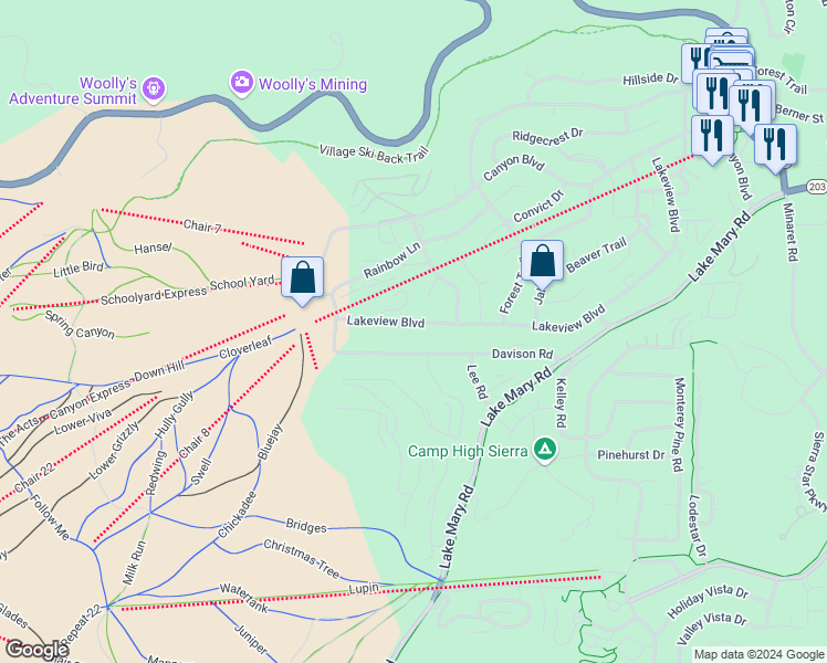 map of restaurants, bars, coffee shops, grocery stores, and more near 527 Lakeview Boulevard in Mammoth Lakes