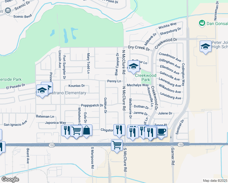map of restaurants, bars, coffee shops, grocery stores, and more near 3413 Dutch Flat Court in Modesto