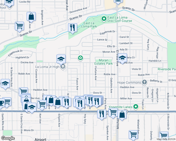 map of restaurants, bars, coffee shops, grocery stores, and more near 404 San Juan Drive in Modesto