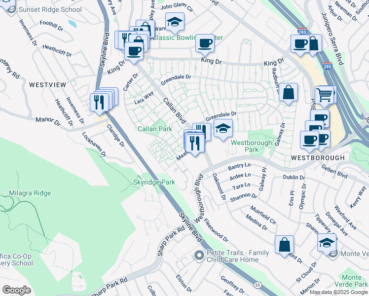 map of restaurants, bars, coffee shops, grocery stores, and more near 2650 Meath Drive in South San Francisco