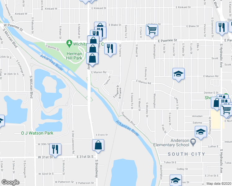 map of restaurants, bars, coffee shops, grocery stores, and more near 2725 Topeka Street in Wichita