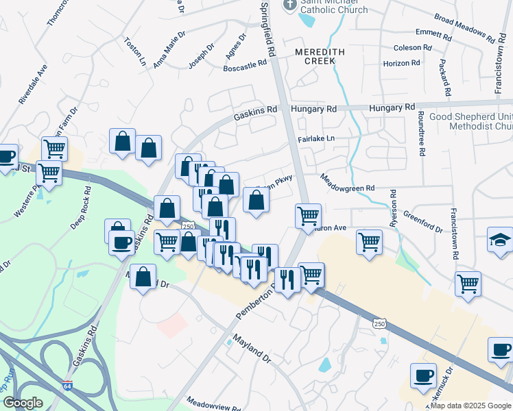 map of restaurants, bars, coffee shops, grocery stores, and more near 9729 Greenmeadow Circle in Glen Allen