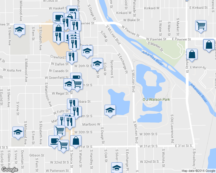 map of restaurants, bars, coffee shops, grocery stores, and more near 725 West 27th Street South in Wichita