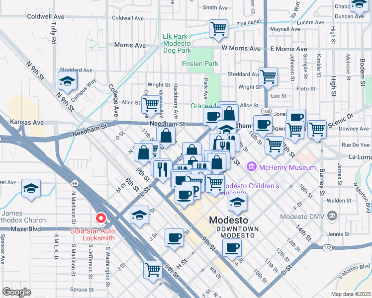 map of restaurants, bars, coffee shops, grocery stores, and more near 1201 California 108 in Modesto