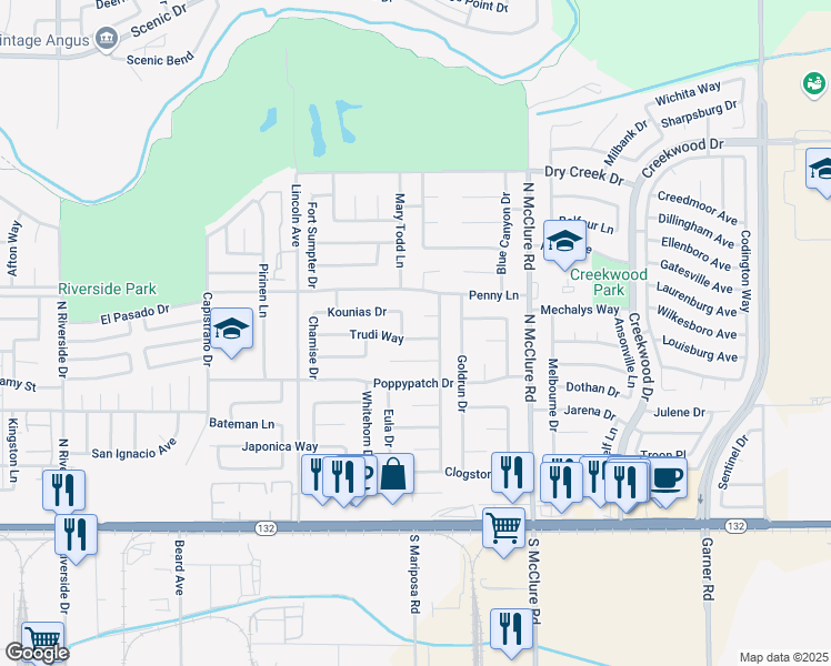 map of restaurants, bars, coffee shops, grocery stores, and more near 3201 Trudi Way in Modesto