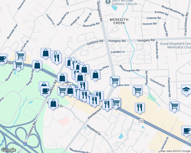 map of restaurants, bars, coffee shops, grocery stores, and more near 9729 Greenmeadow Circle in Glen Allen
