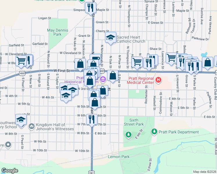 map of restaurants, bars, coffee shops, grocery stores, and more near in Pratt
