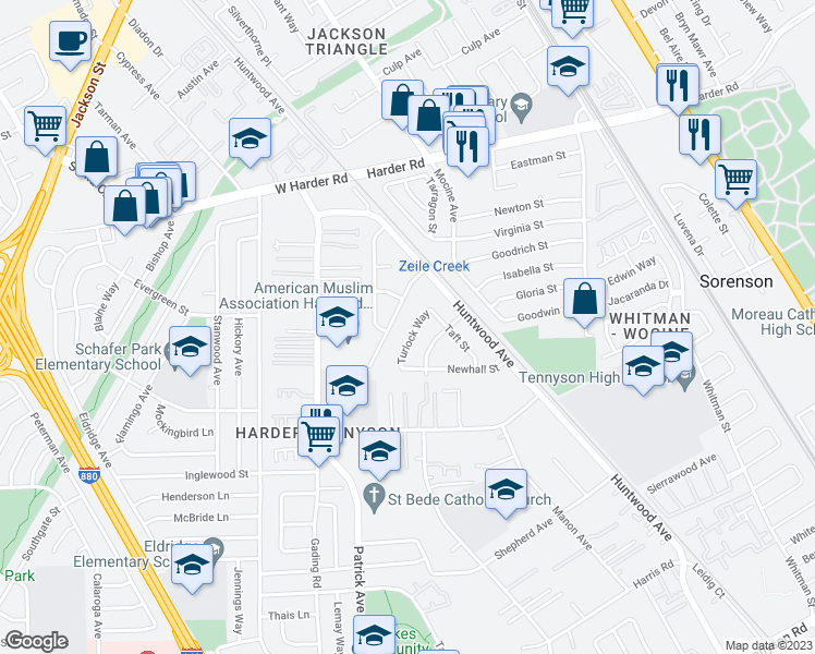 map of restaurants, bars, coffee shops, grocery stores, and more near 163 Turlock Way in Hayward