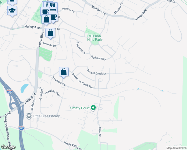 map of restaurants, bars, coffee shops, grocery stores, and more near 5707 Dalton Creek Way in Pleasanton