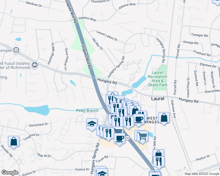 map of restaurants, bars, coffee shops, grocery stores, and more near 7901 Cottesmore Terrace in Richmond