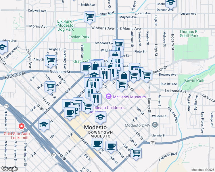 map of restaurants, bars, coffee shops, grocery stores, and more near in Modesto