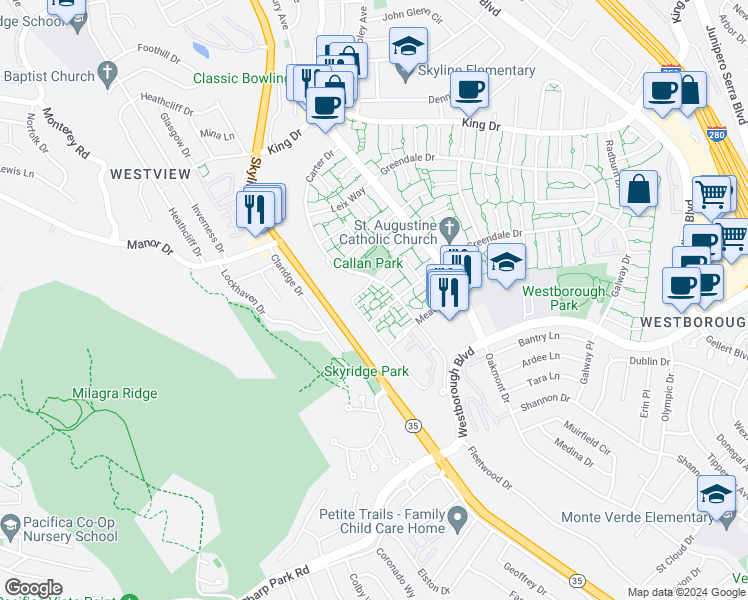 map of restaurants, bars, coffee shops, grocery stores, and more near in South San Francisco