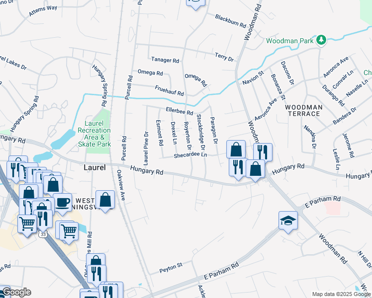 map of restaurants, bars, coffee shops, grocery stores, and more near 9702 Royerton Drive in Richmond