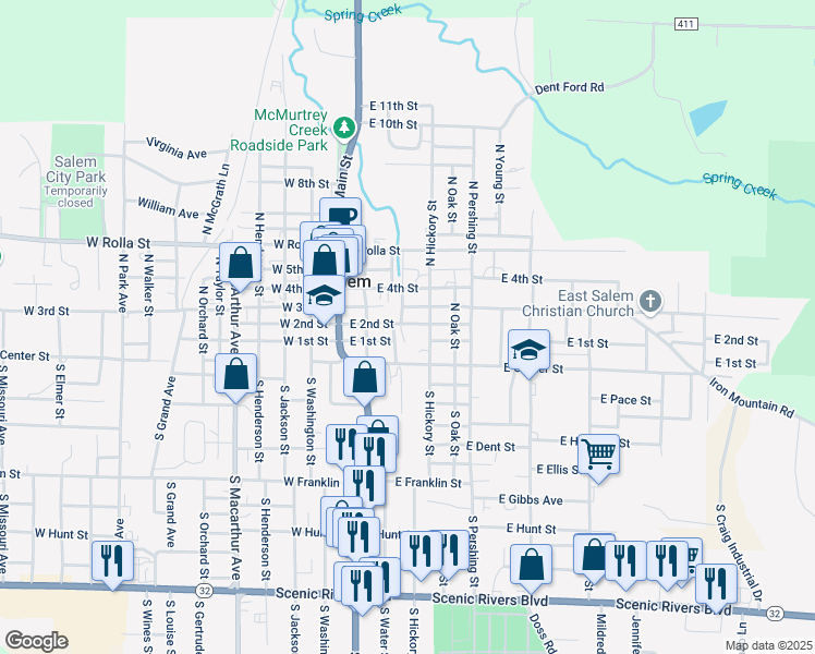 map of restaurants, bars, coffee shops, grocery stores, and more near 301 East 2nd Street in Salem