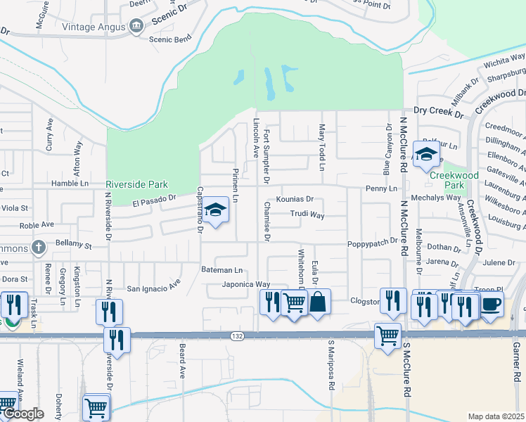 map of restaurants, bars, coffee shops, grocery stores, and more near 433 Chamise Drive in Modesto