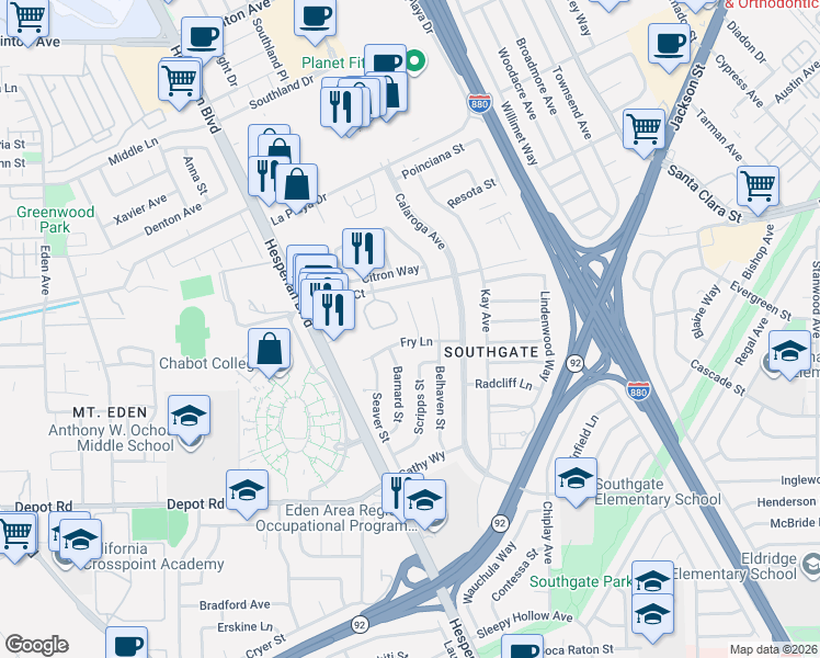 map of restaurants, bars, coffee shops, grocery stores, and more near 1467 Fry Lane in Hayward
