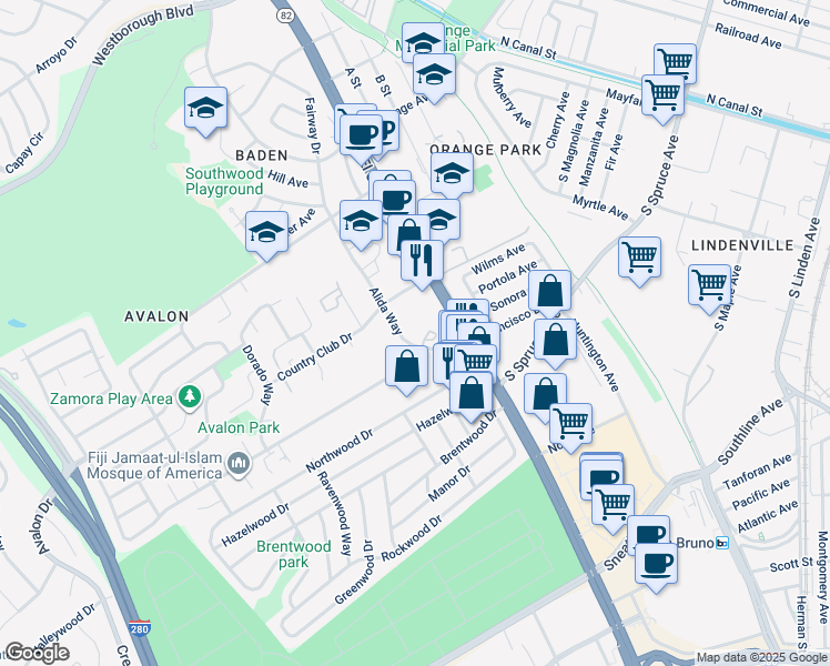 map of restaurants, bars, coffee shops, grocery stores, and more near 362 Alida Way in South San Francisco