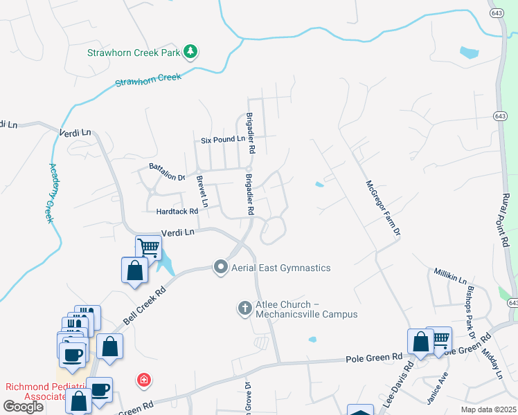 map of restaurants, bars, coffee shops, grocery stores, and more near 7504 Dress Blue Drive in Mechanicsville