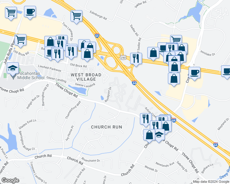 map of restaurants, bars, coffee shops, grocery stores, and more near 11400 Three Chopt Road in Richmond