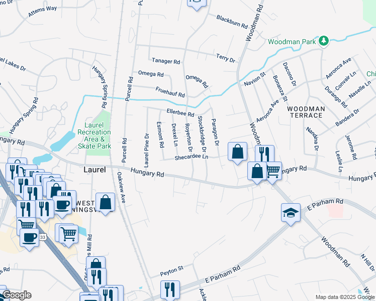 map of restaurants, bars, coffee shops, grocery stores, and more near 9702 Royerton Drive in Richmond