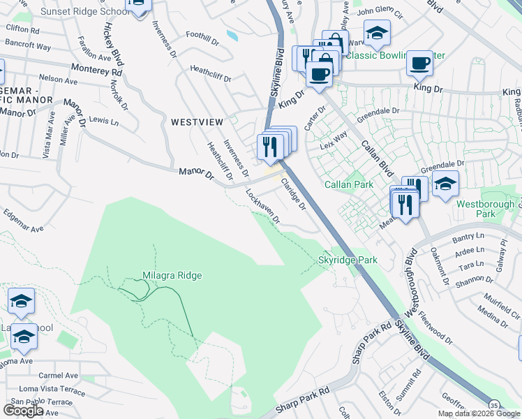 map of restaurants, bars, coffee shops, grocery stores, and more near 684 Lockhaven Drive in Pacifica