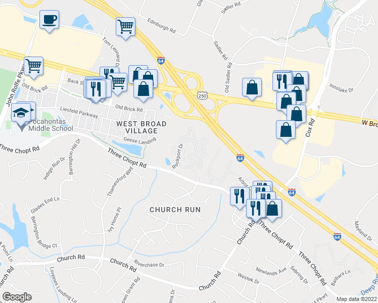 map of restaurants, bars, coffee shops, grocery stores, and more near 11400 Three Chopt Road in Richmond