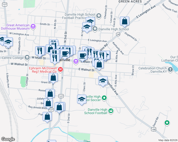 map of restaurants, bars, coffee shops, grocery stores, and more near 210 East Walnut Street in Danville