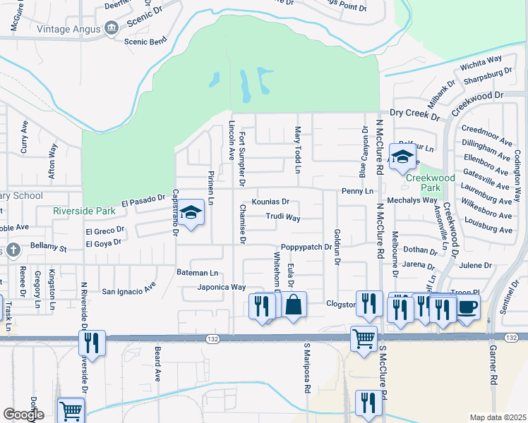 map of restaurants, bars, coffee shops, grocery stores, and more near 3020 Trudi Way in Modesto