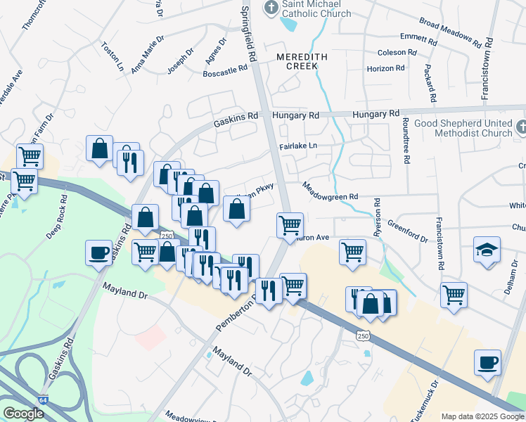 map of restaurants, bars, coffee shops, grocery stores, and more near 9647 Greenmeadow Circle in Glen Allen