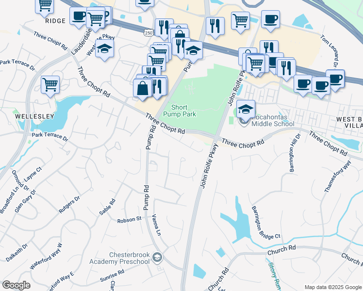 map of restaurants, bars, coffee shops, grocery stores, and more near 11743 Triple Notch Terrace in Richmond