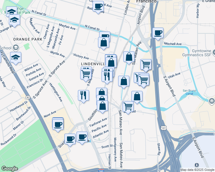 map of restaurants, bars, coffee shops, grocery stores, and more near 137 South Linden Avenue in South San Francisco