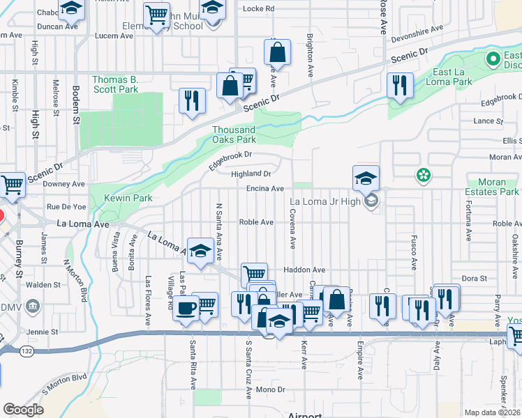 map of restaurants, bars, coffee shops, grocery stores, and more near 405 Rowland Avenue in Modesto