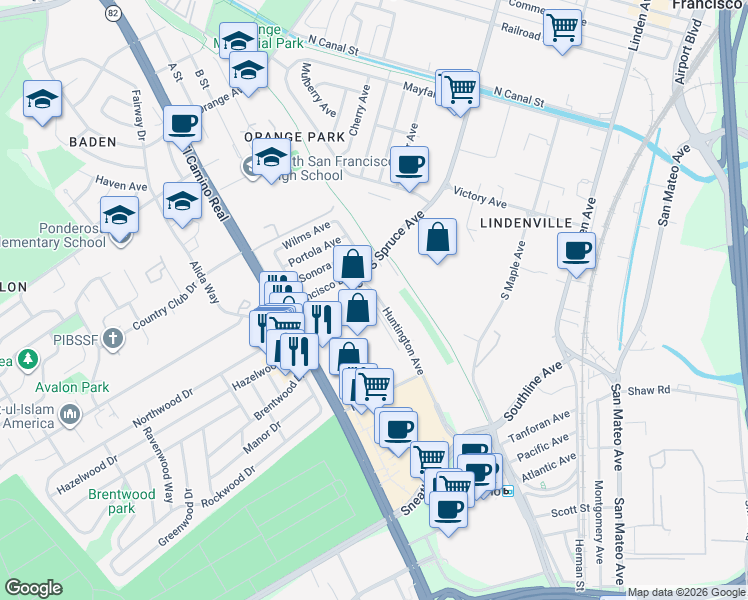 map of restaurants, bars, coffee shops, grocery stores, and more near 1486 Huntington Ave in South San Francisco