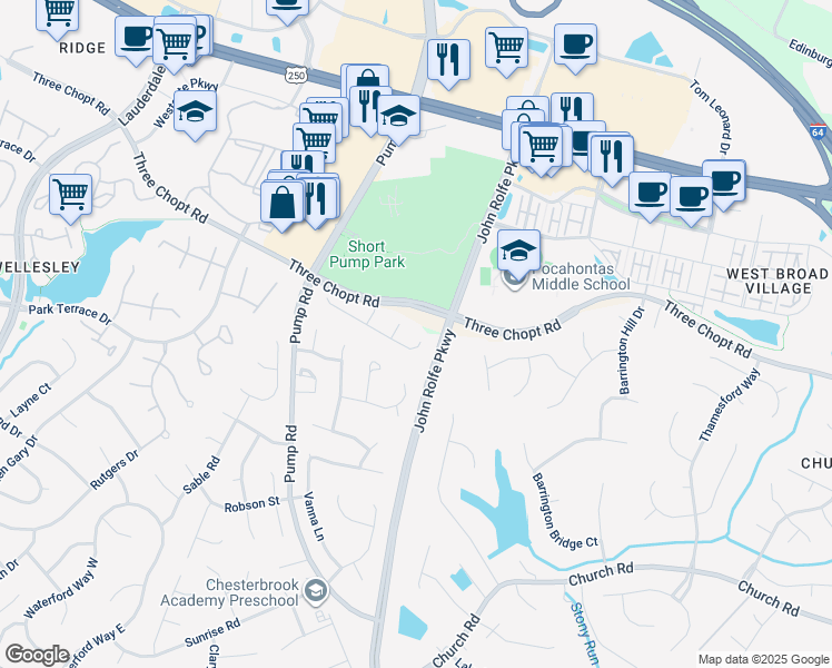 map of restaurants, bars, coffee shops, grocery stores, and more near 11705 Triple Notch Terrace in Richmond
