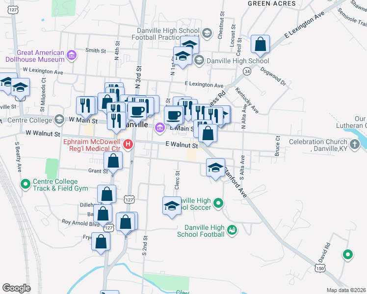 map of restaurants, bars, coffee shops, grocery stores, and more near 210 East Walnut Street in Danville