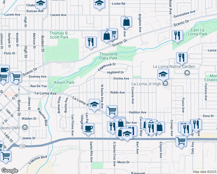 map of restaurants, bars, coffee shops, grocery stores, and more near 407 Santa Barbara Avenue in Modesto