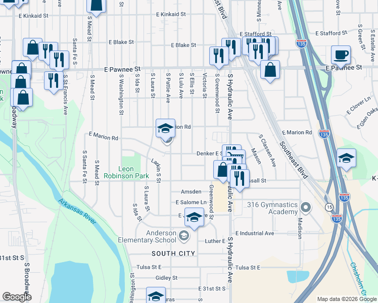map of restaurants, bars, coffee shops, grocery stores, and more near 2659 Ellis South in Wichita
