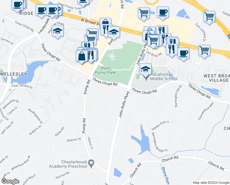 map of restaurants, bars, coffee shops, grocery stores, and more near 2903 Triple Notch Court in Richmond