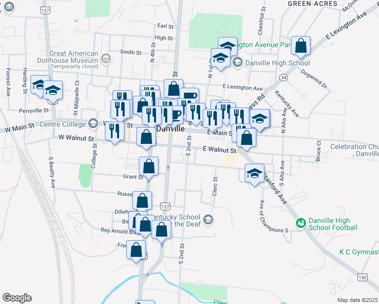 map of restaurants, bars, coffee shops, grocery stores, and more near 228 South 2nd Street in Danville