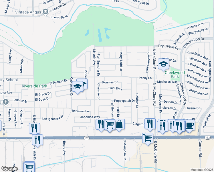 map of restaurants, bars, coffee shops, grocery stores, and more near 3020 Trudi Way in Modesto