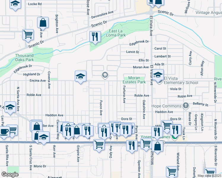 map of restaurants, bars, coffee shops, grocery stores, and more near 404 San Juan Drive in Modesto